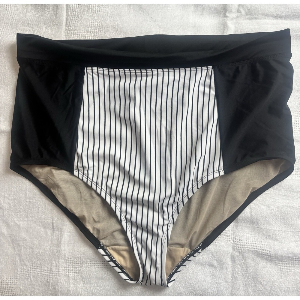 Swim By Cacique Stripe High Waisted Swim Bottom Black Size 18